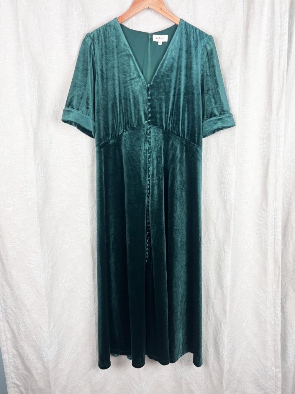 Bohme Jolie green stretch velvet midi dress cottagecore boho retro fit & flare